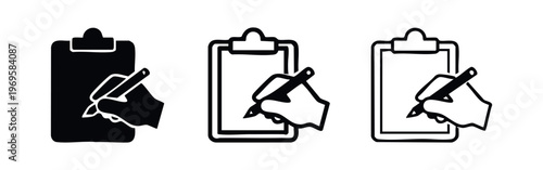Hand writing on clipboard icon set, note taking, survey, and task completion symbols