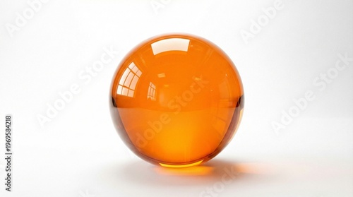 Translucent orange sphere on pedestal, sunlight streaming through windows, reflections and refractions creating geometric shadows, symbolizing light, clarity, and interplay of material and perception.