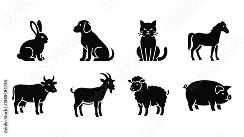 A collection of farm and domestic animals depicted in stark black shapes against a white background showcasing a silhouette high quality