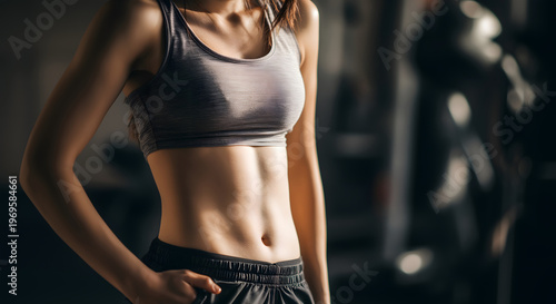 Athletic woman in gray sports bra standing in gym, healthy lifestyle and motivation concept