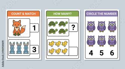 Educational Animal Counting and Matching Game for Kids.