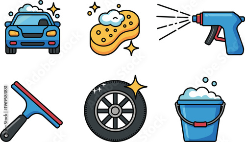 Car wash icons set, cleaning tools vehicle care equipment vector illustration colorful isolated service collection