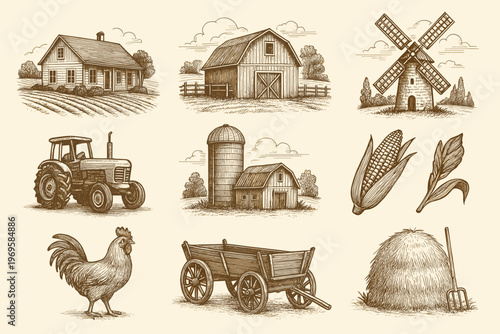 Handdrawn farm scene elements for branding logos. Suitable for agricultural businesses, organic products, farmtotable restaurants, and natureinspired brands.