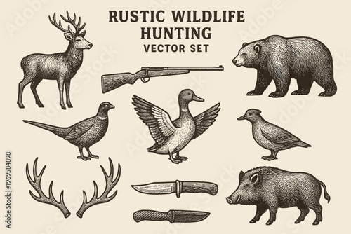 Set of wildlife hunting icon drawings with deer and boar vectors. Perfect for outdoor, hunting, wildlife, and naturethemed designs.