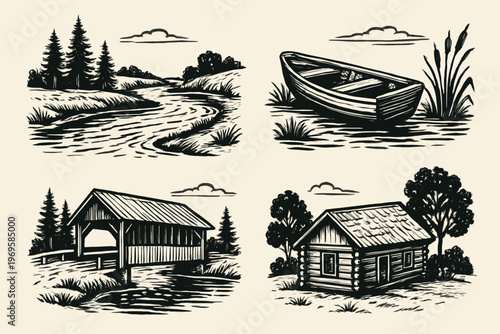 Set of river boat, bridge, cabin nature scenes suitable for travel agency, outdoor adventure businesses, tourism, and nature websites.