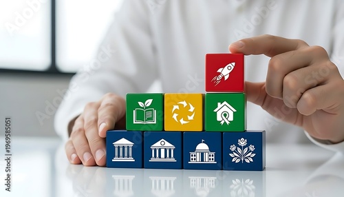 Entrepreneur hand placing a red rocket block on institutional icons reflecting sustainable startup launch and eco friendly development