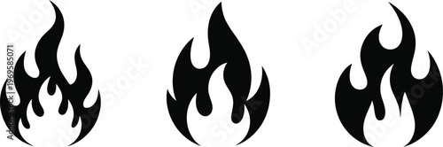 Fire Icon Collection Set, Flame Symbols and Bonfire Silhouette Logotypes, Flat Style Fire Elements Vector Pack for Heat, Energy, Danger Signs, Campfire Graphics and Burning Effects