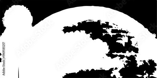 Monochrome Horizon: A stark, minimalist illustration of a rising sun or moon against the vast expanse of a sea, evoking a sense of tranquility and the beginning of a new day.