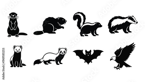A collection of various animal silhouettes including a beaver skunk bat and eagle presented in a minimalist style silhouette high quality
