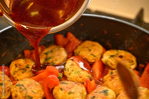 Moroccan Fish Patties Frying in Pan During Passover Holiday Traditional Homemade Cooking Process Close Up of Fish Balls in Oil