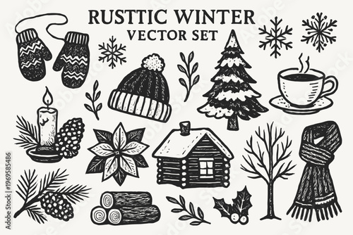 Holiday logo vector set with winter illustrations in black and white. Create festive branding, stationery, cards, and more with these versatile designs.