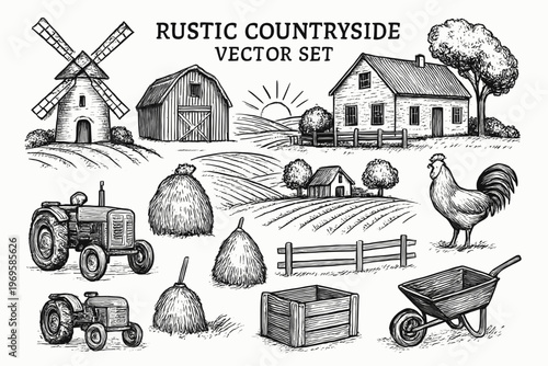 Set vector logo set rustic countryside farm elements for diverse designs. Suitable for branding, agriculture businesses, homesteads, and markets.
