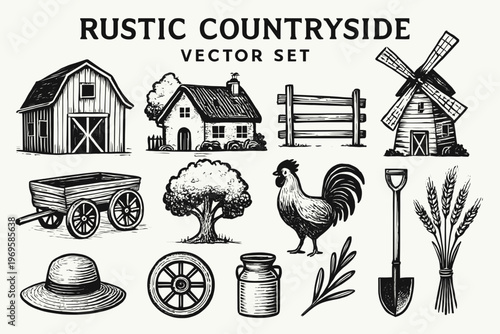 Set with rustic countryside farm elements suitable for farm businesses, agricultural companies, or ruralthemed brands. Versatile design collection.