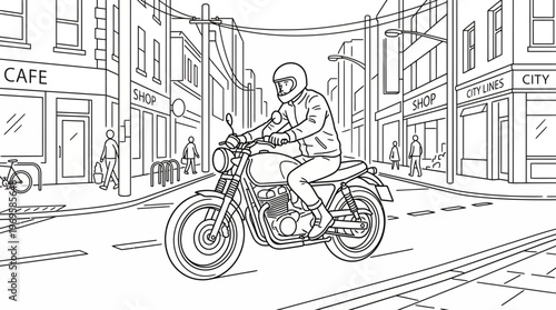Dynamic monochrome illustration of a motorcyclist cruising a classic bike along a lively urban street