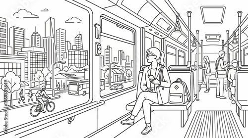 People riding public transport in a modern city, enjoying the commute and scenery