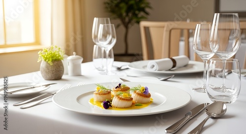 Gourmet scallop dish served in a fine dining restaurant with wine glass with restaurant table with eating out with food photography with white plate with restaurant interior