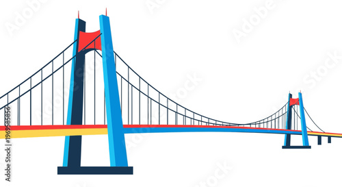 Colorful suspension bridge with towers.