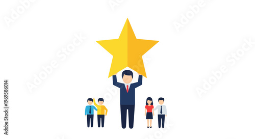 Man Holding Big Yellow Star Above Head.