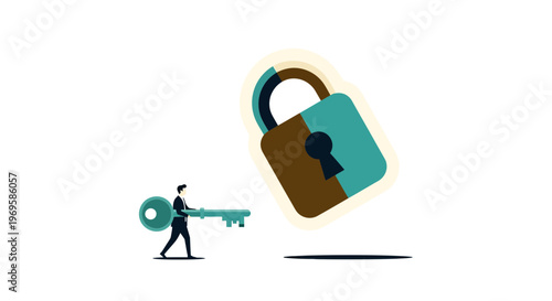 Man holding large key unlocking padlock.
