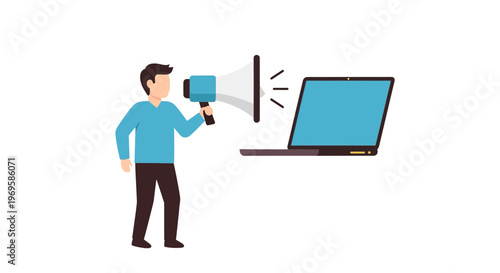 Man holding megaphone near laptop computer.