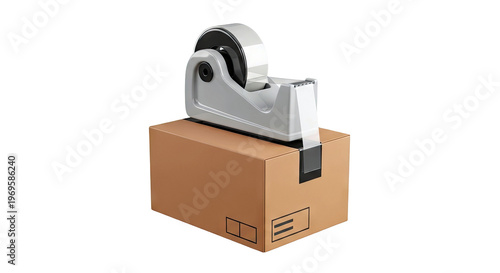 Cardboard box with tape dispenser and clear packing tape
