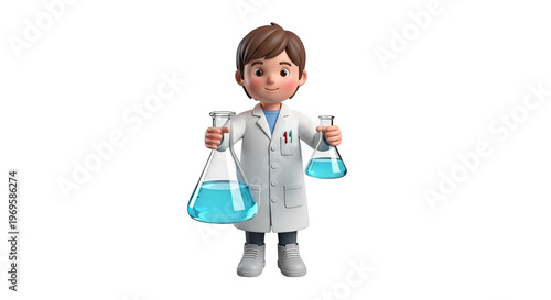 Cartoon Scientist Holding Flasks