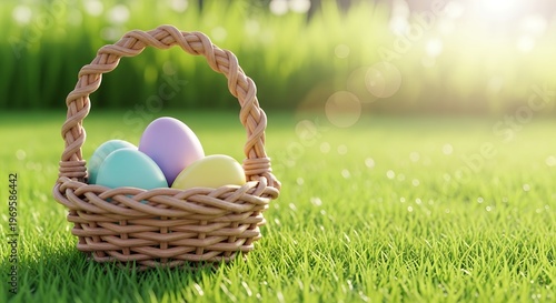 Easter eggs in a woven basket on green grass