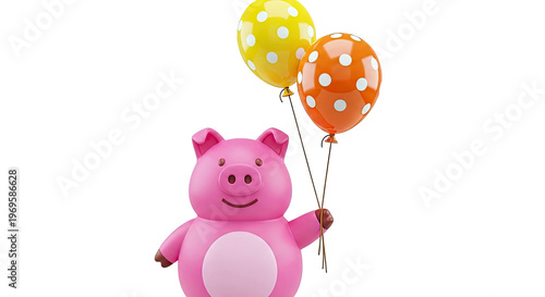 Cute Pink Pig Character Holding Polka Dot Balloons