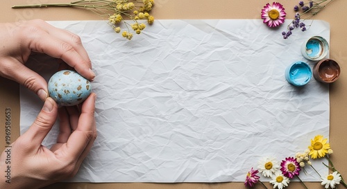 Hands decorating a blank paper with easter eggs and dried flowers with blue egg with pink flower with yellow flower with white daisy with flat lay