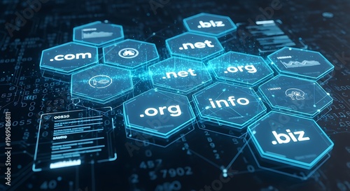 Hexagonal domains with domain extensions float over a binary code background.
