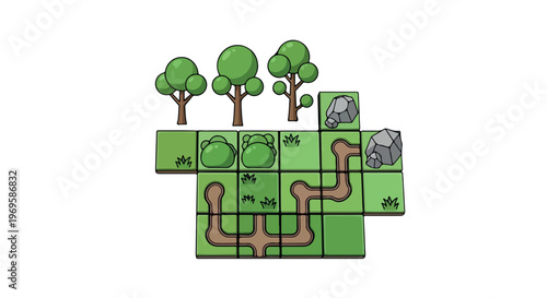 Isometric Game Terrain Tiles with Trees and Rocks Vector