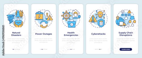 Variety of unexpected occurrences onboarding mobile app screen. Walkthrough 5 steps editable graphic instructions with linear concepts. UI, UX, GUI. Montserrat SemiBold, Regular fonts used