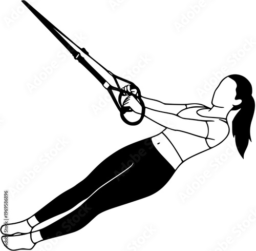 Black and White Line Art of Woman Doing TRX Rows Exercise