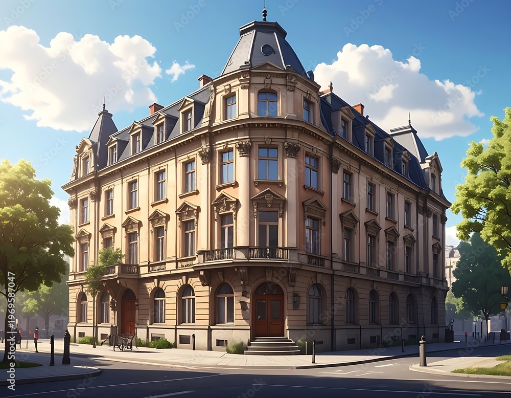 Obraz premium A classic corner building, three stories tall, with intricate architectural details, under a sunny sky. Trees line the streets