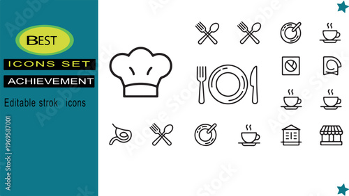 A collection of minimalist food and restaurant icons featuring a chef hat plate and utensils Vector
