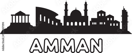 Amman City Skyline Silhouette With King Abdullah I Mosque And Roman Theater Solid Black Vector