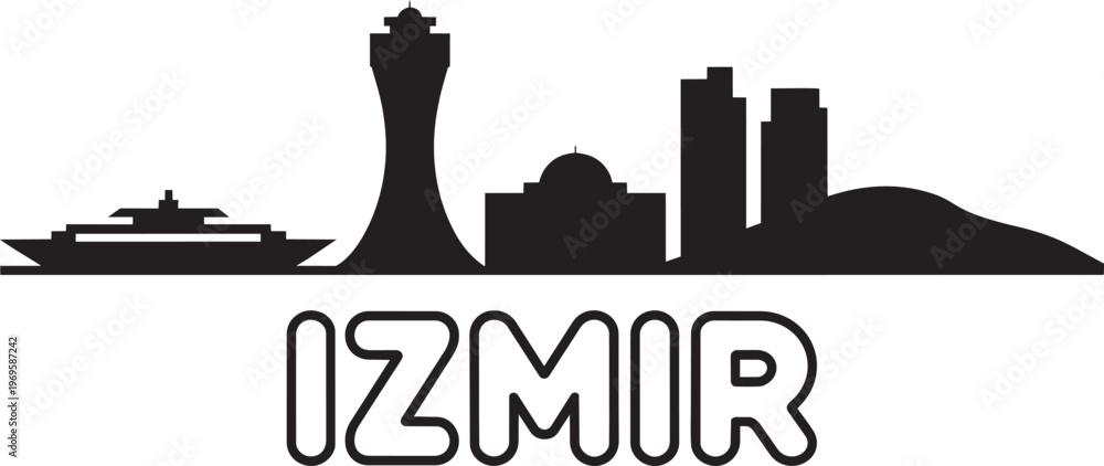 Fototapeta premium Izmir City Skyline Silhouette With Ferry Boat And Landmarks For Turkish Travel Tourism Vector