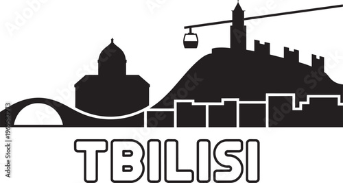 Tbilisi City Skyline Silhouette Featuring Narikala Fortress Cable Car Church And Bridge Vector