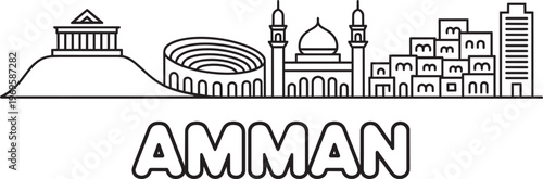 Amman Jordan City Skyline Outline Vector Featuring Landmarks Like Roman Theater And Mosque
