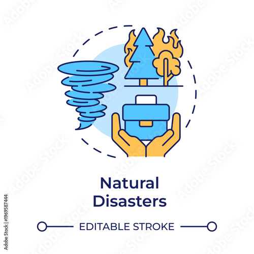 Natural disasters multi color concept icon. Environmental events risk. Variety of unexpected occurrences. Round shape line illustration. Abstract idea. Graphic design. Easy to use in booklet