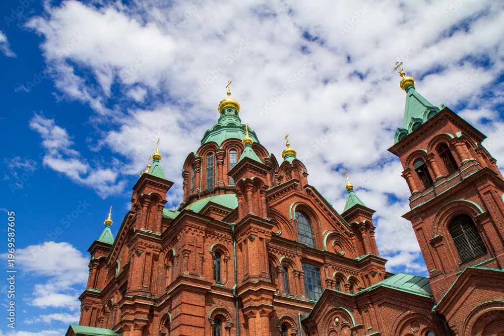 Fototapeta premium Eastern Orthodox cathedral with red brick and green domes