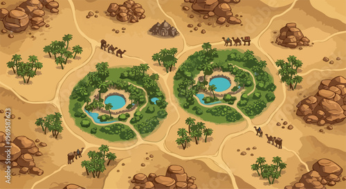Desert Oasis Landscape Illustration with Camels and Palm Trees