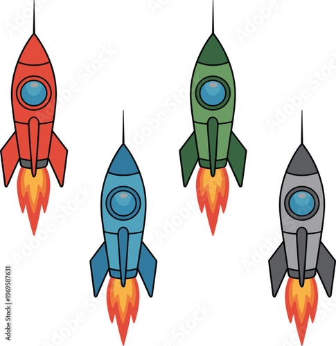 Cartoon rocket set, colorful spaceships launching with fire vector illustration isolated space travel design collection