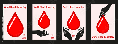 World Blood Donor Day. Vector illustration of drop of Blood in hands isolated light background. Perfect World Blood Donor Day greeting poster cover set. EPS 10