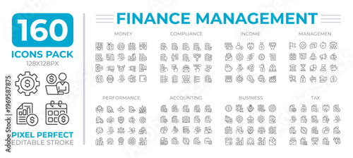 Finance management line icons set collection. Business money operations control. Income and expenses mega pack of linear pictograms, pixel perfect. Isolated vector illustrations. Editable stroke