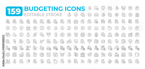 Budgeting line icons big set. Plan to manage money, time and resources. Expenses control. Financial management iconset outline pictograms. Isolated linear vector illustrations. Editable stroke