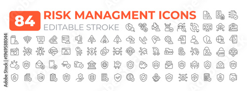 Risk management line icons big set. Protection. Identifying, assessing and controlling potential threats iconset outline pictograms. Isolated linear vector illustrations. Editable stroke
