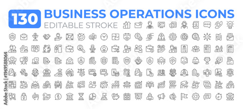 Business operations line icons big set. Core activities an organization. Productivity management. Commerce iconset outline pictograms. Isolated linear vector illustrations. Editable stroke
