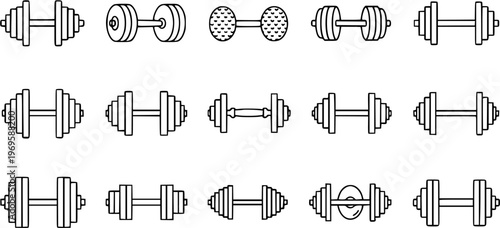 Black and White Line Art Icons of Various Dumbbells for Fitness and Gym Industry
