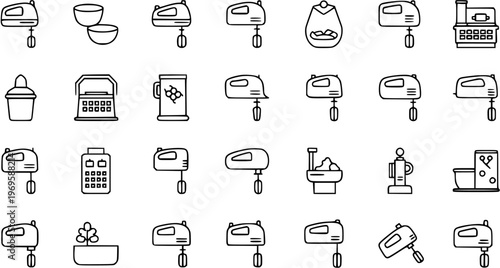 Black and White Line Art Icons of Kitchen Mixers and Baking Utensils for Food Industry